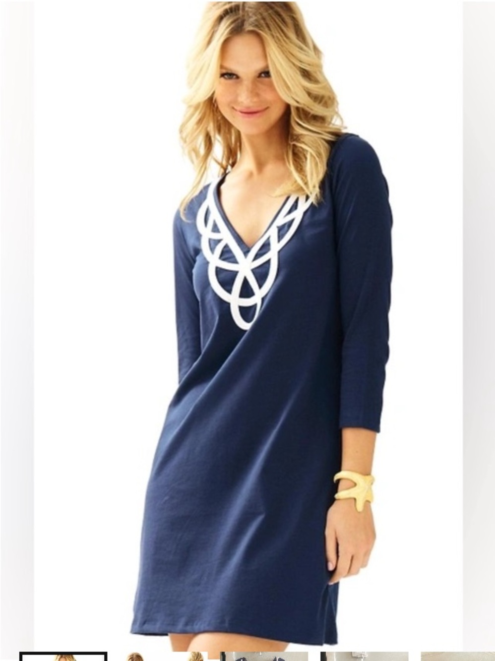 Lilly Pulitzer BLAIRE Dress V-Neck Pima Cotton 3/4 Sleeves Navy/White Small